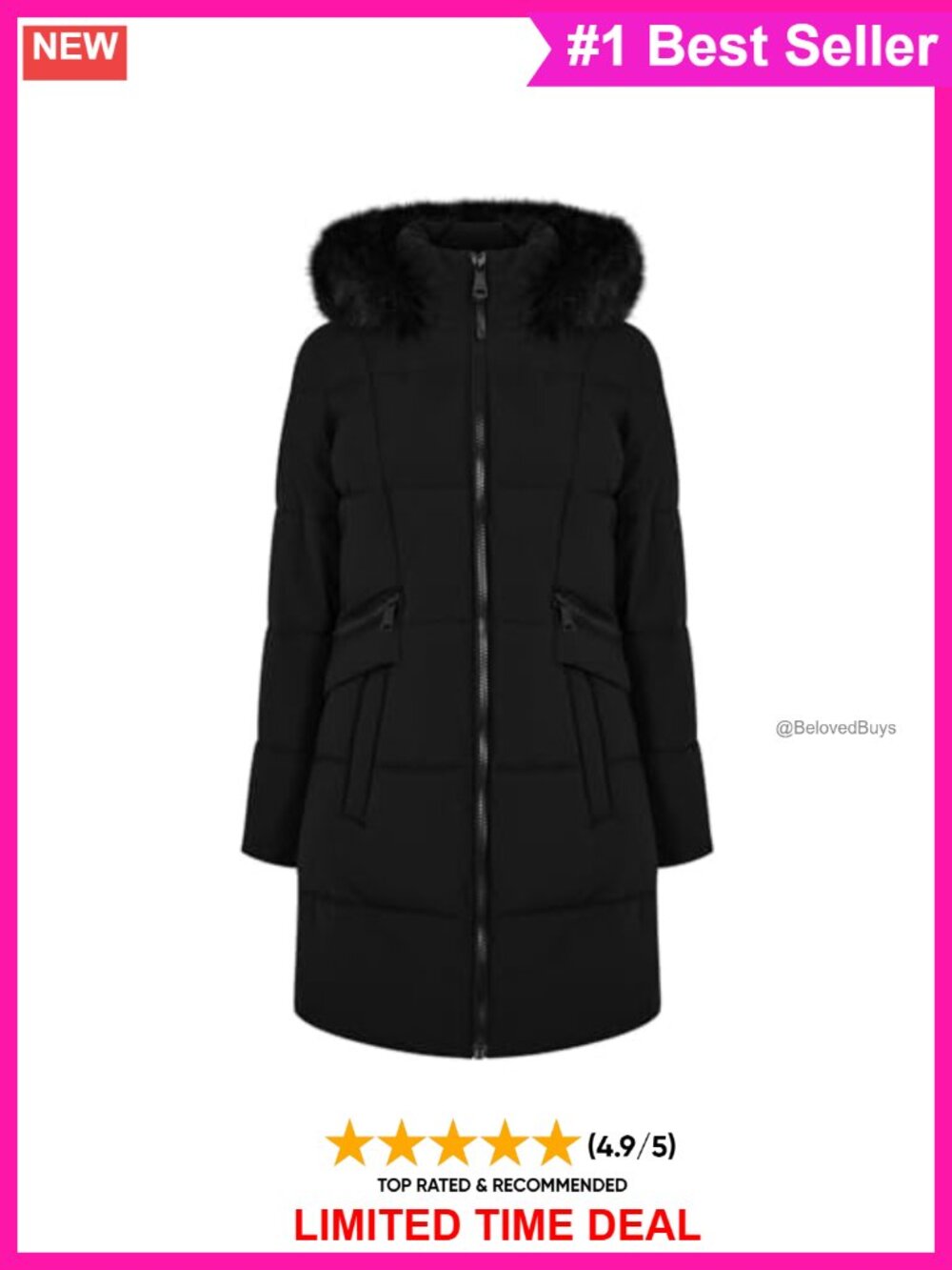 Hooded Faux-Fur Trim Puffer Jacket Warm Winter Coat
